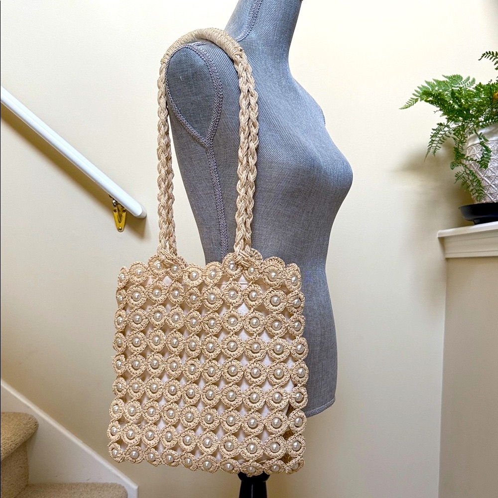 New w/out tag. Elegant Haute Hippie Cream Woven Shoulder bag with faux pearls.